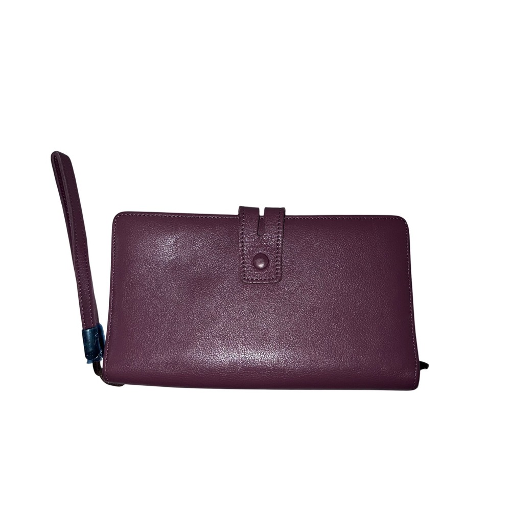 Plum Purple Pebbled Leather Wristlet Wallet Snap Closure Organizer Clutch RFID